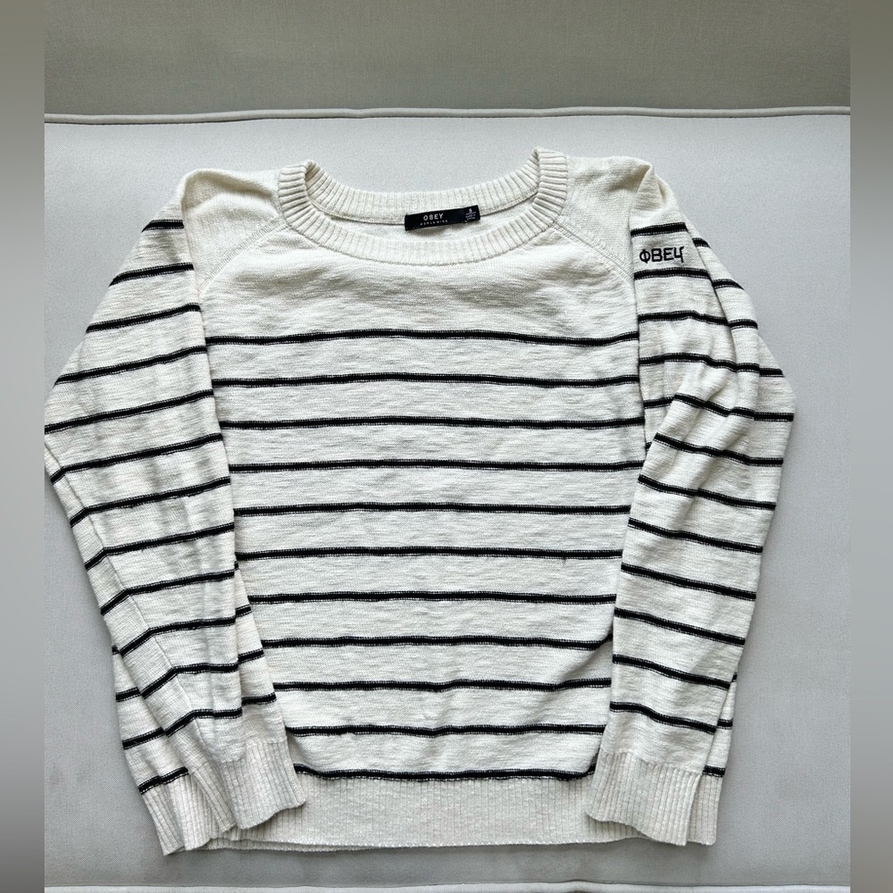 Obey Women's Black and White Striped Crew Neck Sweater